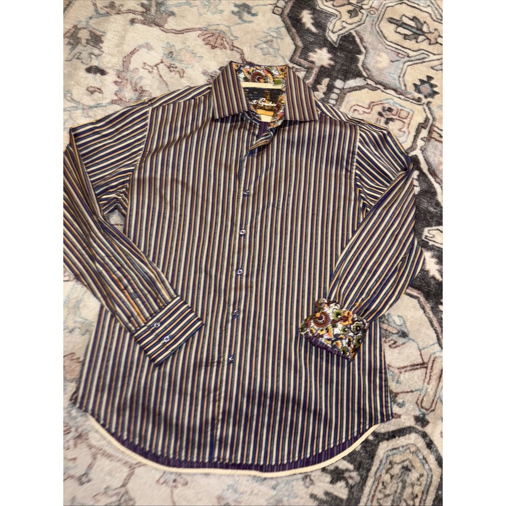 Robert Graham Flip Cuff‎ Button Down Shirt Large Striped Paisley Blue Gold